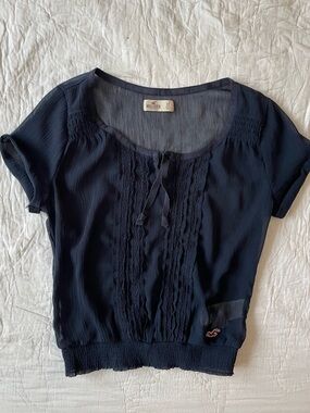 Hollister Navy Short Sleeve Tie-Front Blouse